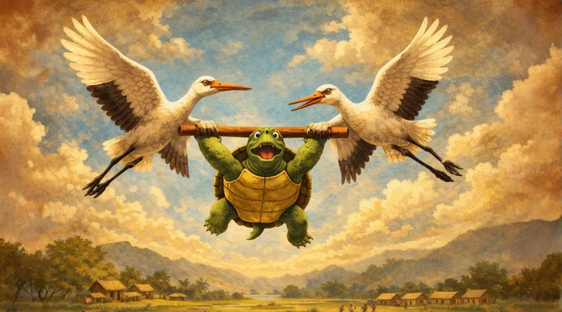 कछुआ दो बगुलों के साथ लकड़ी पकड़े आसमान में उड़ता हुआ पंचतंत्र दृश्य