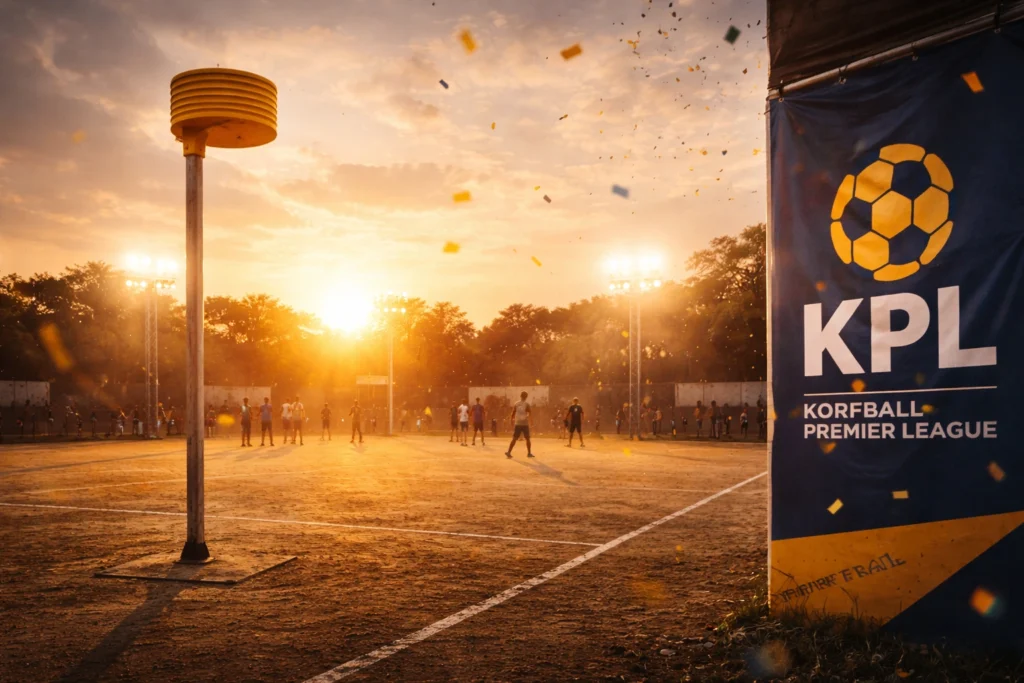 Korfball players practicing on a ground at sunset with hopeful atmosphere
