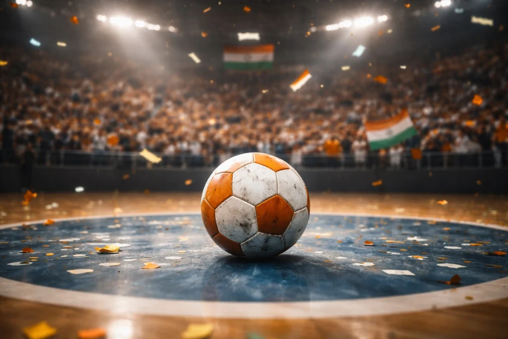 Korfball placed on court with crowd and Indian flags in background