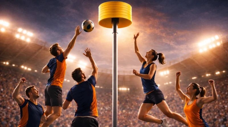 Mixed gender korfball players jumping to score near basket in stadium