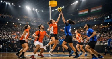 Mixed-gender korfball match in a modern Indian indoor stadium with players in action