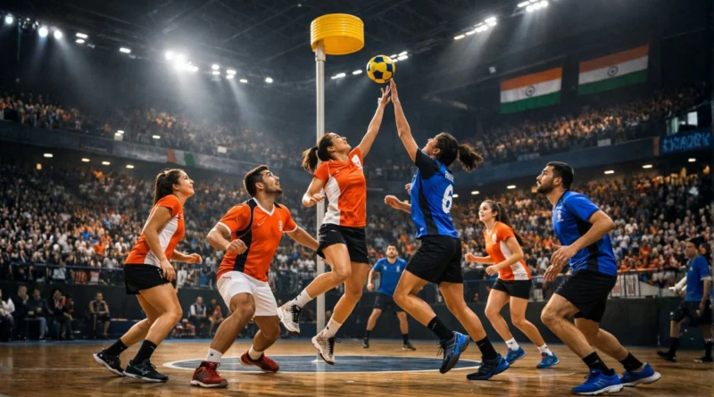 Mixed-gender korfball match in a modern Indian indoor stadium with players in action
