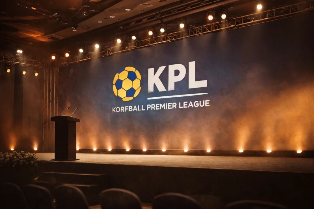 Professional sports league launch stage with lights and podium setup