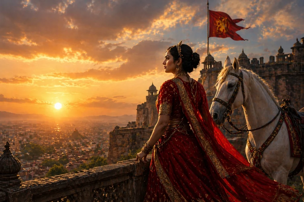 Rani Lakshmibai standing with horse looking at horizon sunset