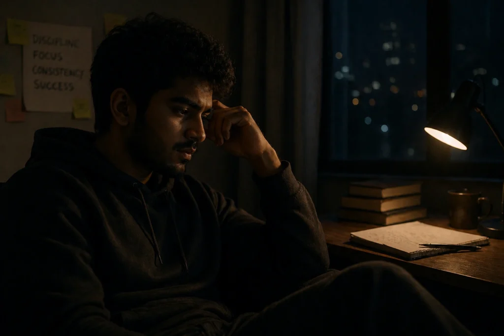 person sitting alone at night thinking deeply about life decisions and self control