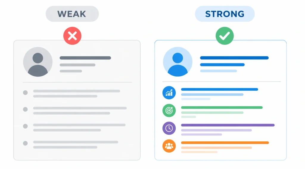 Comparison of weak vs strong resume bullet points in LinkedIn experience section