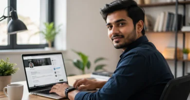 Young Indian professional working on laptop with LinkedIn profile screen in modern home office