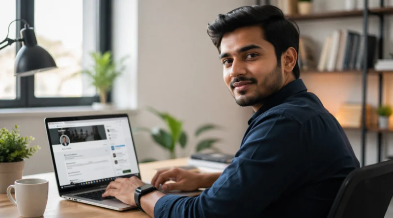 Young Indian professional working on laptop with LinkedIn profile screen in modern home office