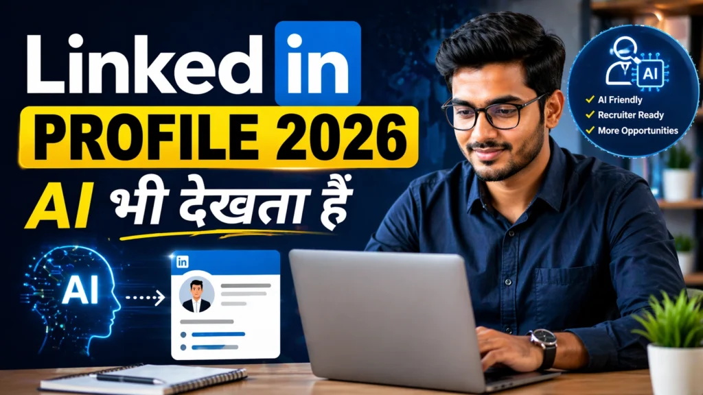 LinkedIn Profile 2026 AI bhi dekhta hai thumbnail with professional using laptop