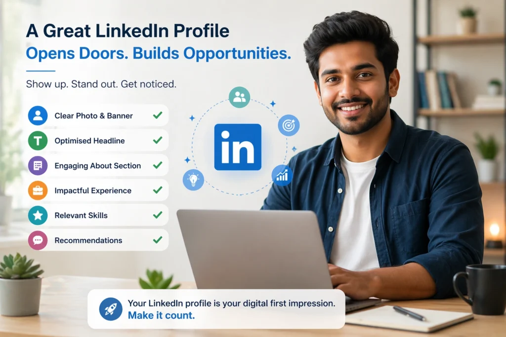 Professional using laptop representing LinkedIn success and digital first impression