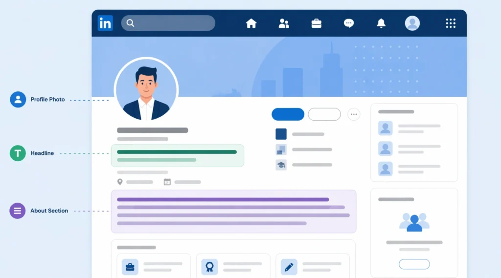 LinkedIn profile layout illustration showing headline and about section highlighted