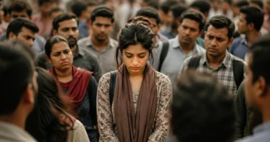 person surrounded by crowd facing social pressure india log kya kahenge concept