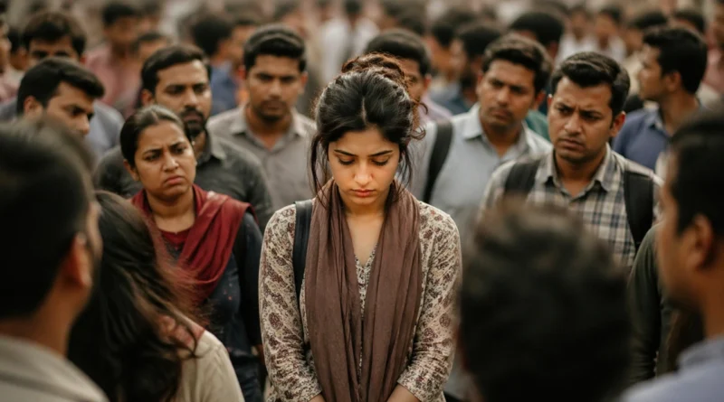 person surrounded by crowd facing social pressure india log kya kahenge concept