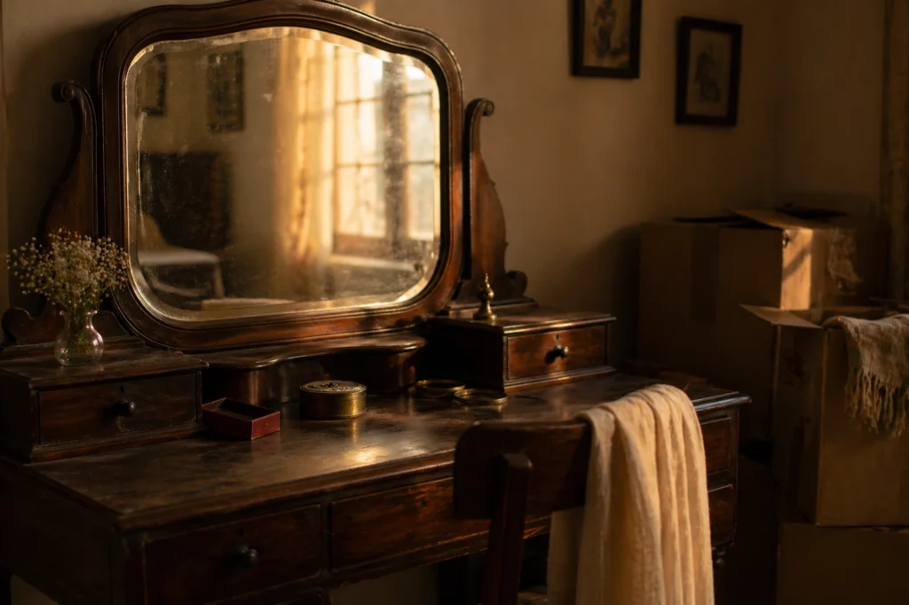old dressing table mirror empty room warm light nostalgic