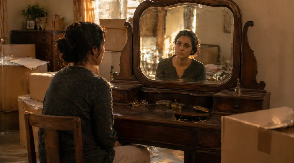 young woman sitting in front of old dressing table mirror in packed room