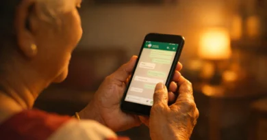 Elderly Indian mother holding a smartphone and looking at WhatsApp in warm light