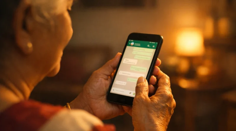 Elderly Indian mother holding a smartphone and looking at WhatsApp in warm light