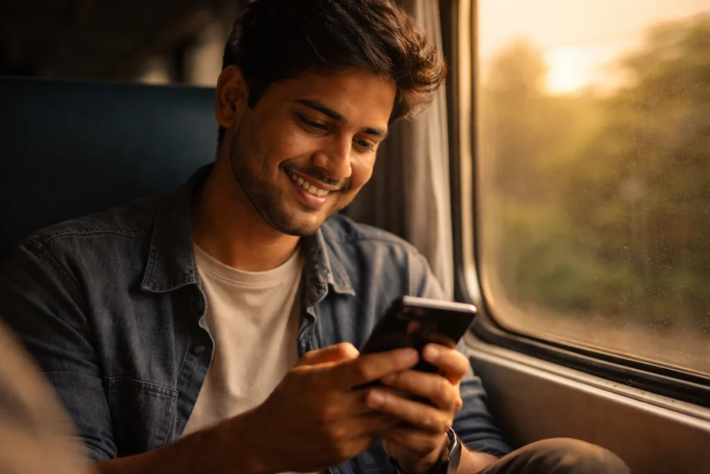 Young Indian man smiling at his phone while traveling in a train