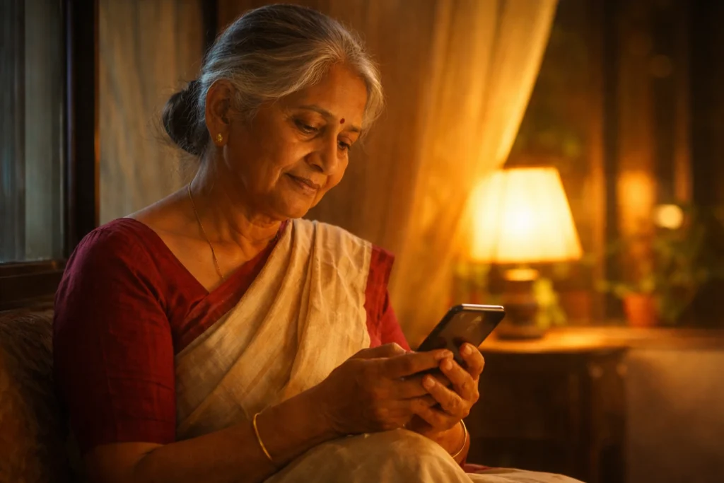Indian mother sitting alone at night looking at her phone with a soft emotional expression