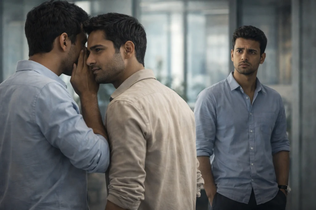 दो लोग आपस में धीरे से बात कर रहे हैं जबकि तीसरा व्यक्ति अलग खड़ा अनजान है