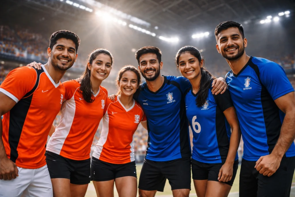 Indian male and female athletes standing together as a team in a stadium