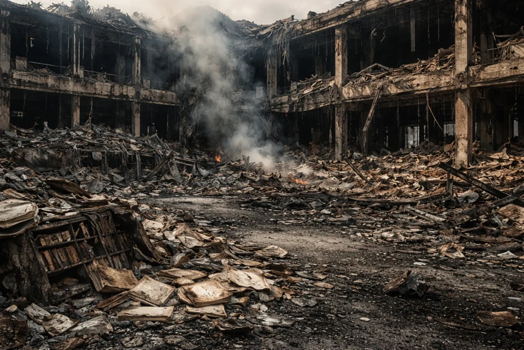 Destroyed modern building with debris symbolizing cultural and institutional loss
