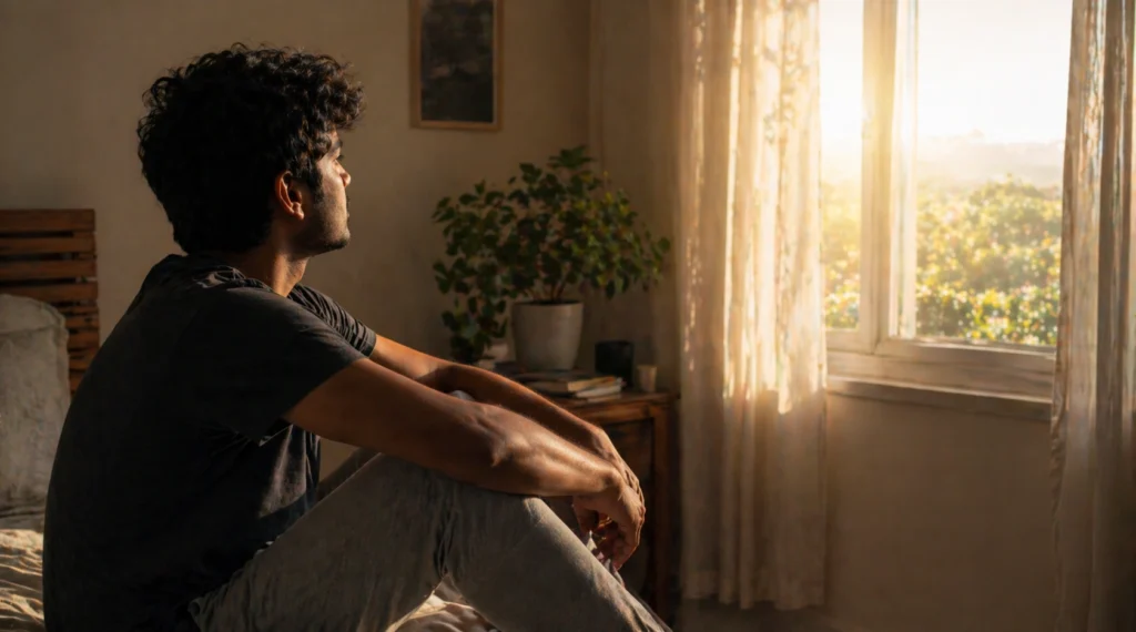 person sitting peacefully in morning light after overthinking calm mind