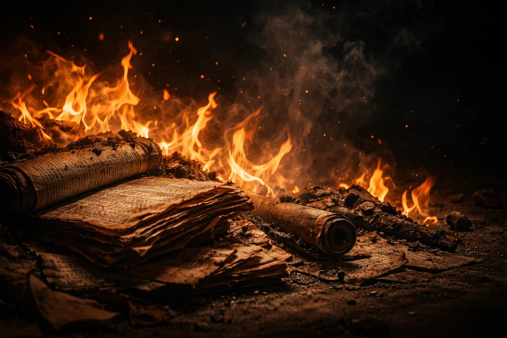 Ancient manuscripts burning in flames symbolizing destruction of knowledge and loss of history.