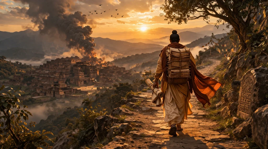 Ancient scholar carrying manuscripts on mountain path symbolizing preservation of knowledge