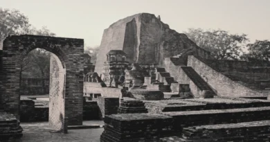 Nalanda University ruins in warm golden light showing ancient Indian knowledge center remains