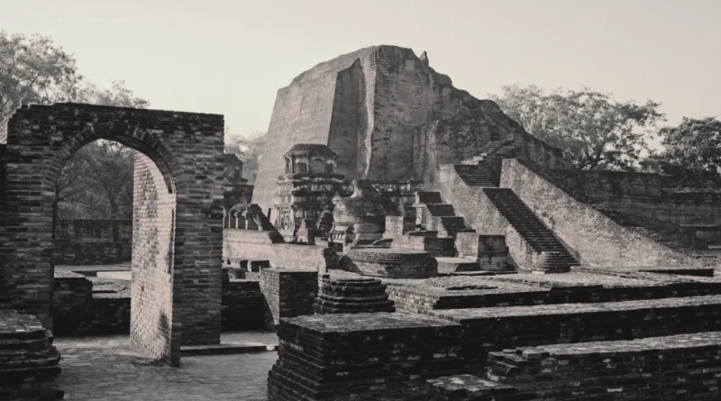Nalanda University ruins in warm golden light showing ancient Indian knowledge center remains