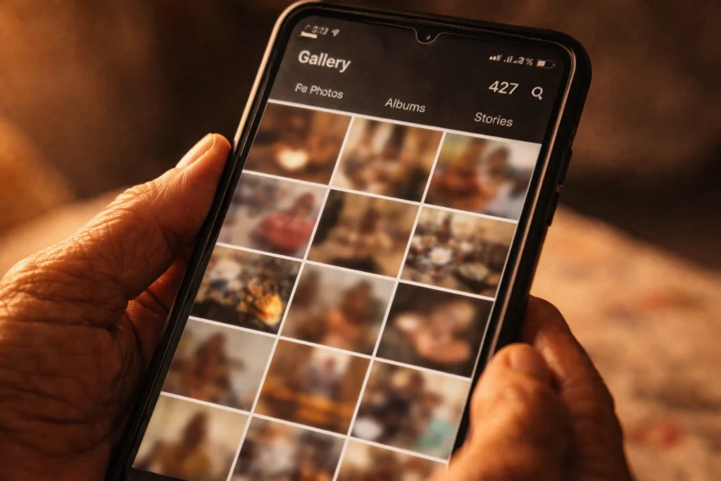Close-up of a smartphone gallery screen showing multiple blurry photos in a grid, warm light reflection, emotional and personal feel