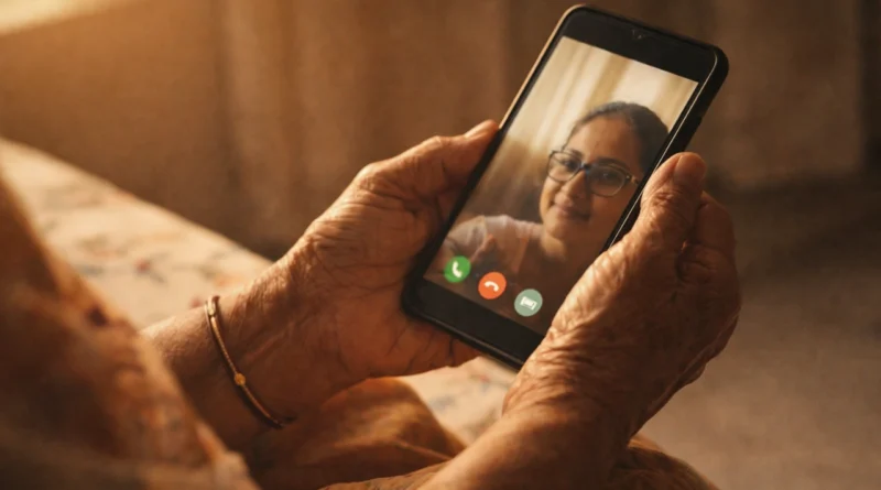 Elderly Indian woman’s hands holding a smartphone during a video call with granddaughter, warm emotional moment
