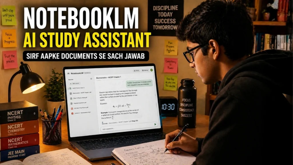 Student using NotebookLM on laptop for exam preparation and document-based study