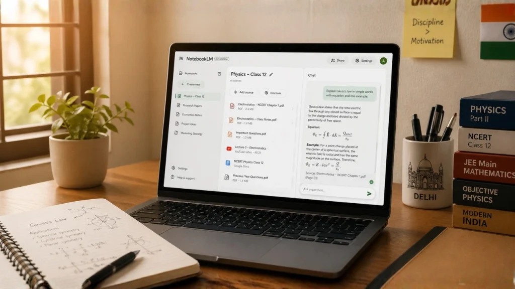 Student using NotebookLM on laptop for studying physics notes and exam preparation