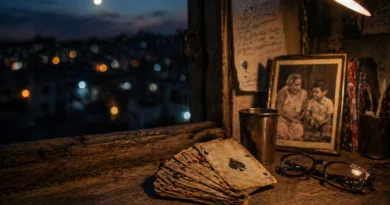 पुराने ताश के पत्ते, दादी और बच्चे की फोटो के साथ खिड़की के पास रखे हुए, भावुक यादों का दृश्य