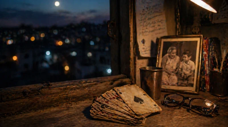 पुराने ताश के पत्ते, दादी और बच्चे की फोटो के साथ खिड़की के पास रखे हुए, भावुक यादों का दृश्य