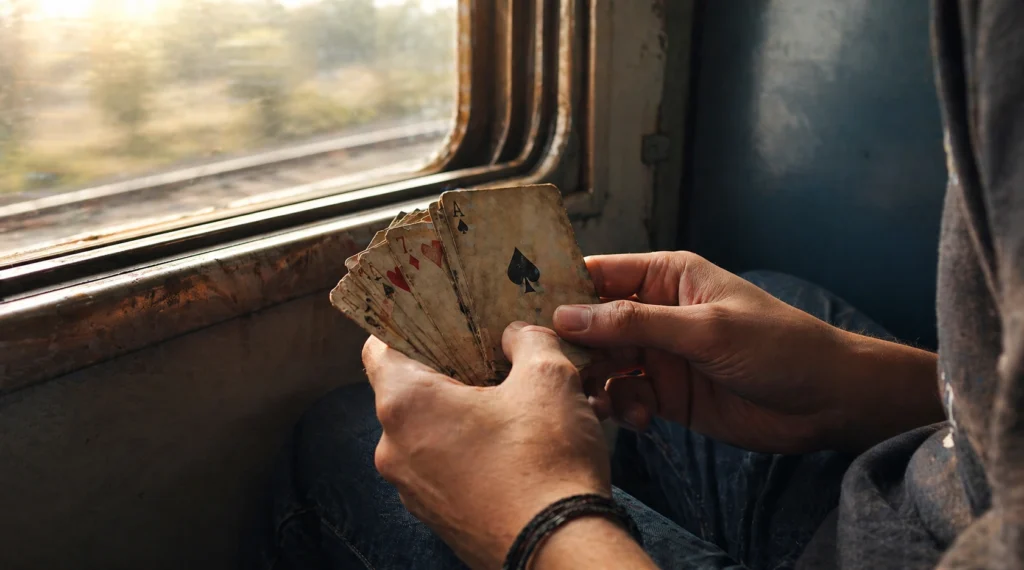 युवा के हाथ में पुराने ताश के पत्ते, ट्रेन की खिड़की के पास भावुक सफर का पल