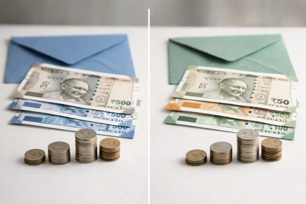 Old vs new tax regime comparison with Indian currency and coins