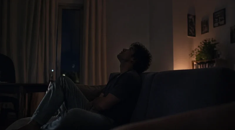 Young person sitting alone on a couch at night, looking upward in a dimly lit room, reflecting silently