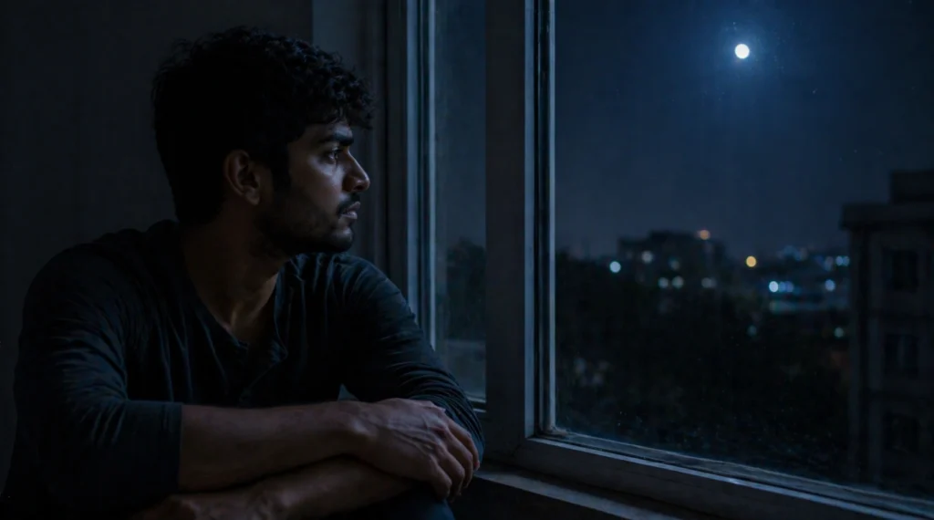 person looking outside window at night thinking deeply overthinking