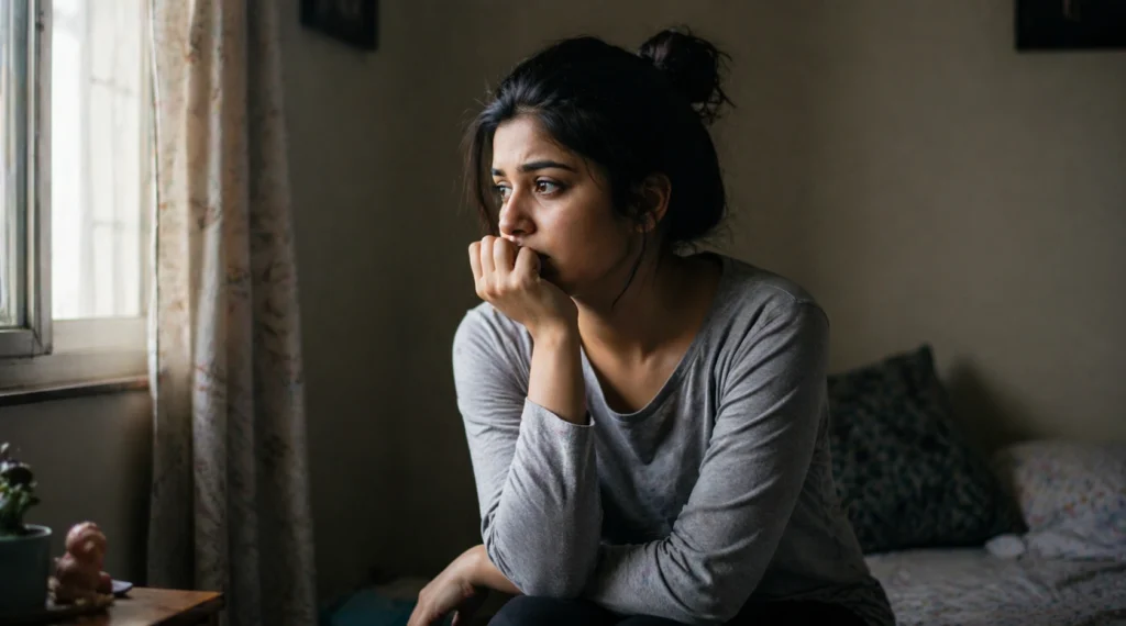 young person sitting alone thinking near window social pressure anxiety india