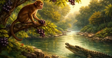 बंदर जामुन के पेड़ पर बैठा है और नीचे नदी में मगरमच्छ उसे देख रहा है