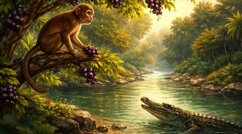 बंदर जामुन के पेड़ पर बैठा है और नीचे नदी में मगरमच्छ उसे देख रहा है