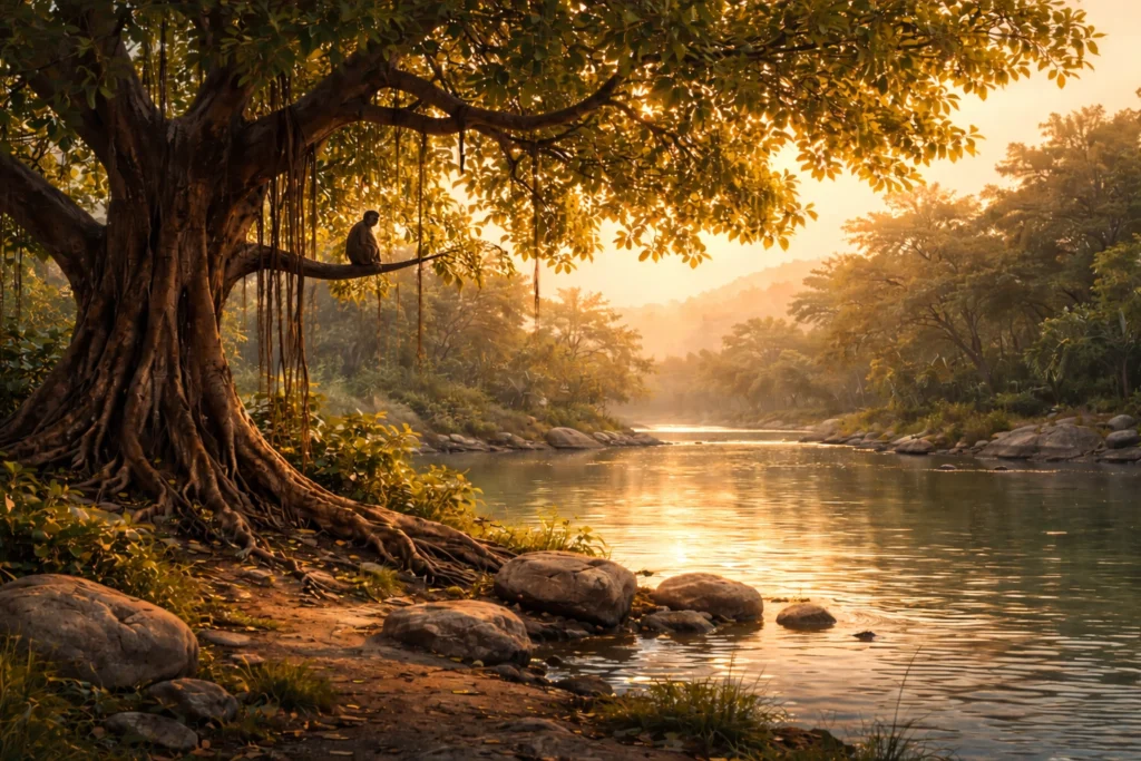 नदी किनारे एक बड़ा पेड़ और उसकी शाखा पर बैठा बंदर, शांत वातावरण