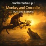 Monkey sitting on a tree branch looking at a crocodile in the river at sunset