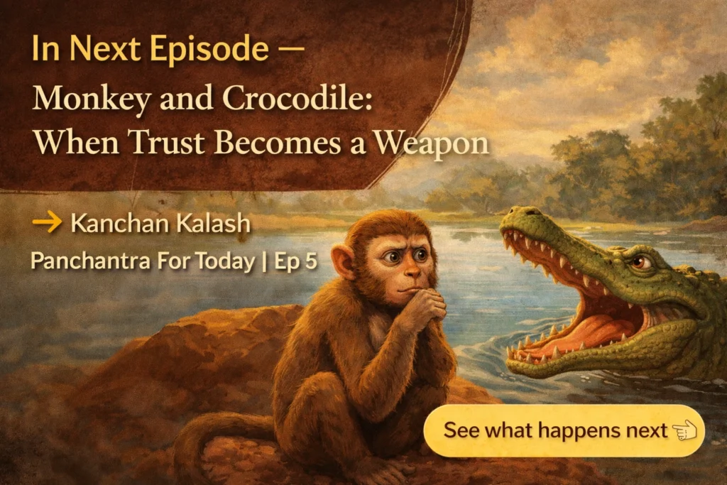 बंदर और मगरमच्छ की कहानी का दृश्य जहाँ विश्वास खतरे में बदलता है