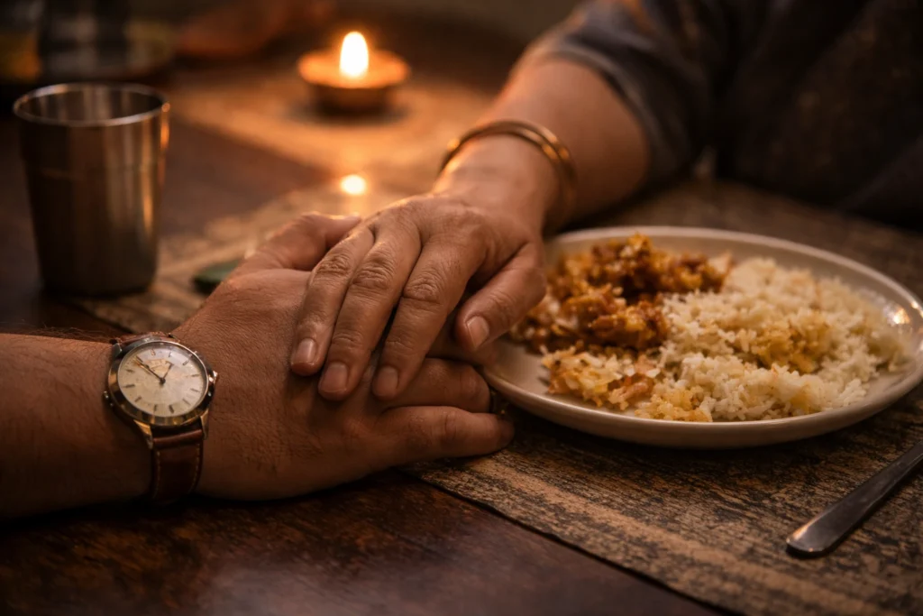 Son wearing father’s old wristwatch holding mother’s hand at dinner table emotional Hindi family story moment