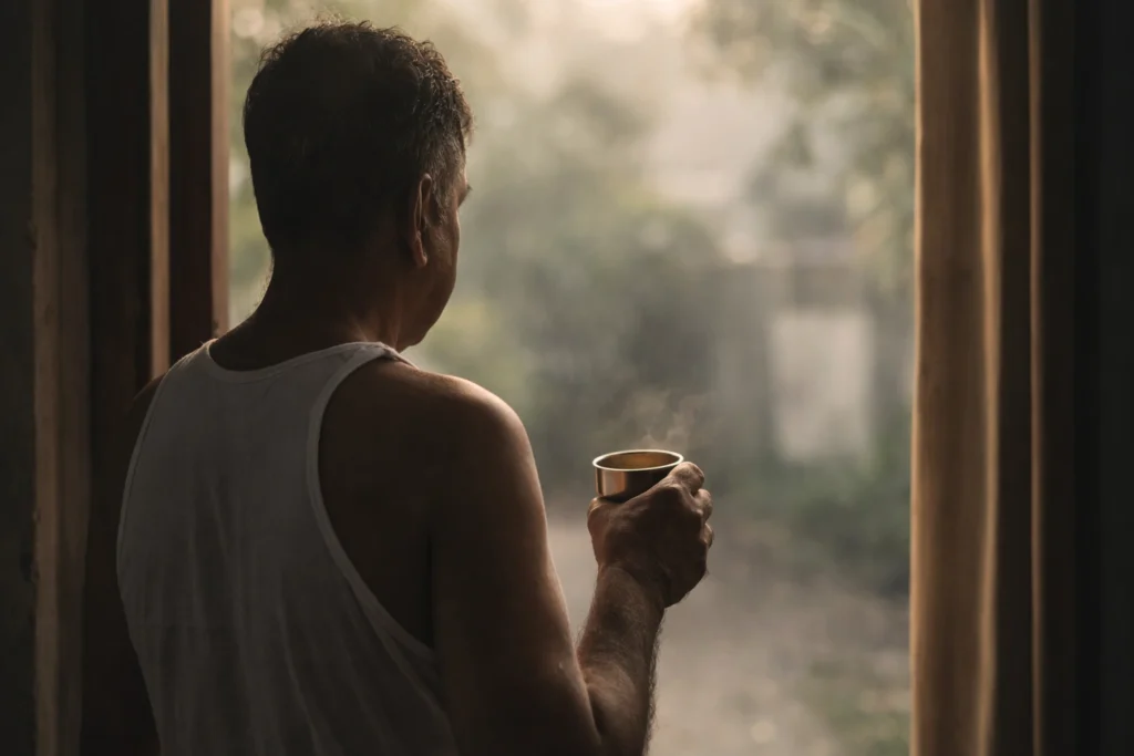 Older Indian man standing at door holding tea cup morning light emotional father memory