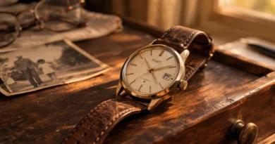 Vintage HMT wristwatch on wooden drawer warm morning light nostalgic Hindi family story